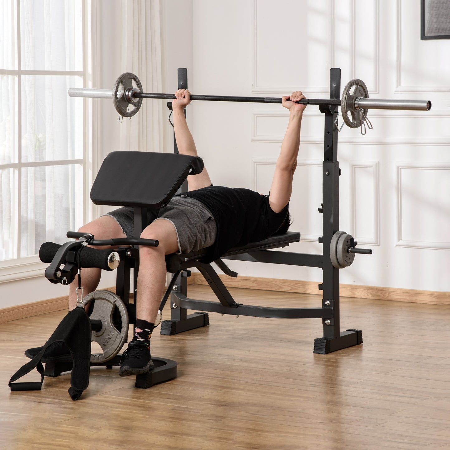 Soozier Press Bench, Heavy Duty Multiple Function Workout Adjustable Bench with Preacher Curl, Leg Developer