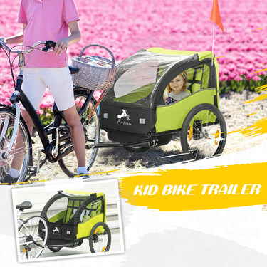Aosom 2 Seat Bike Trailer for Kids, Baby Stroller with Storage Bag, 5 Point Harness, Bicycle Trailer with 20" Wheels, Green