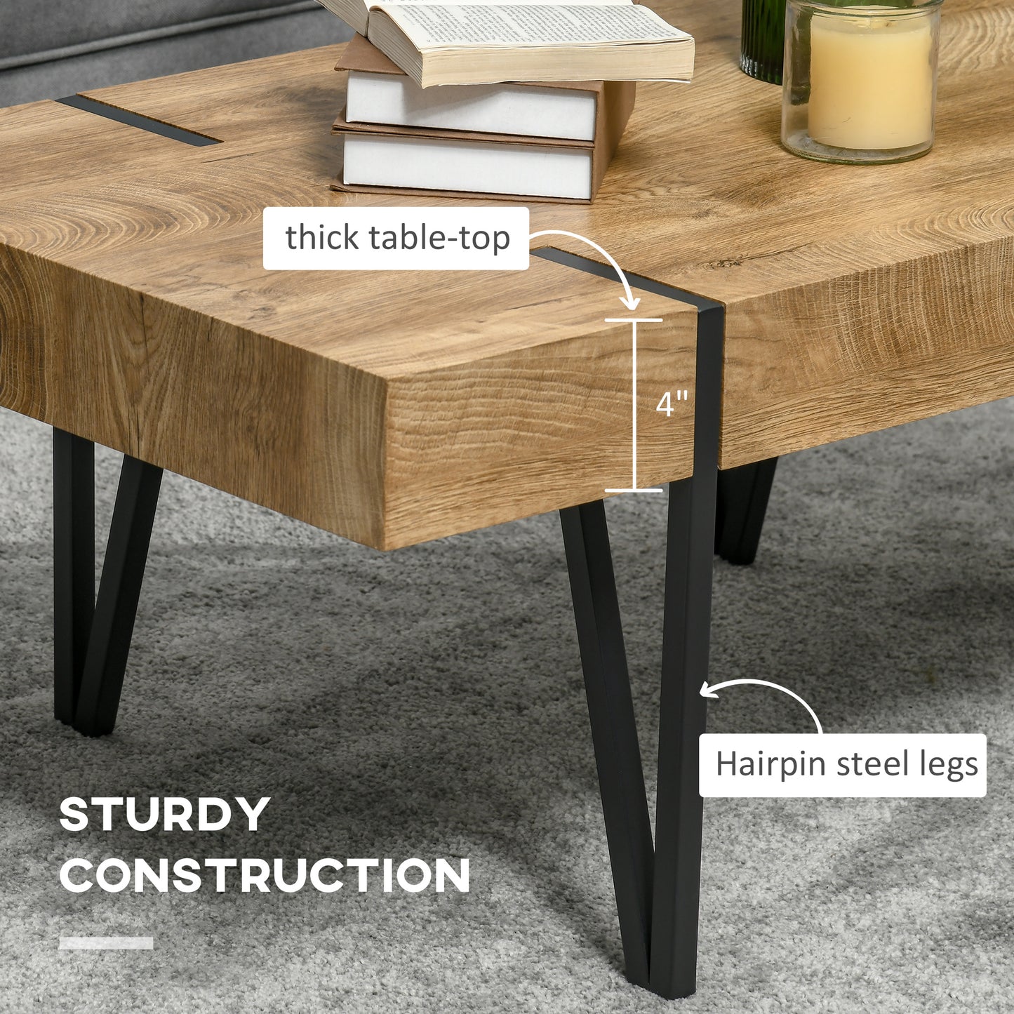 HOMCOM Rustic Coffee Table, Rectangle Nature Central Table with Steel Hairpin Legs for Living Room
