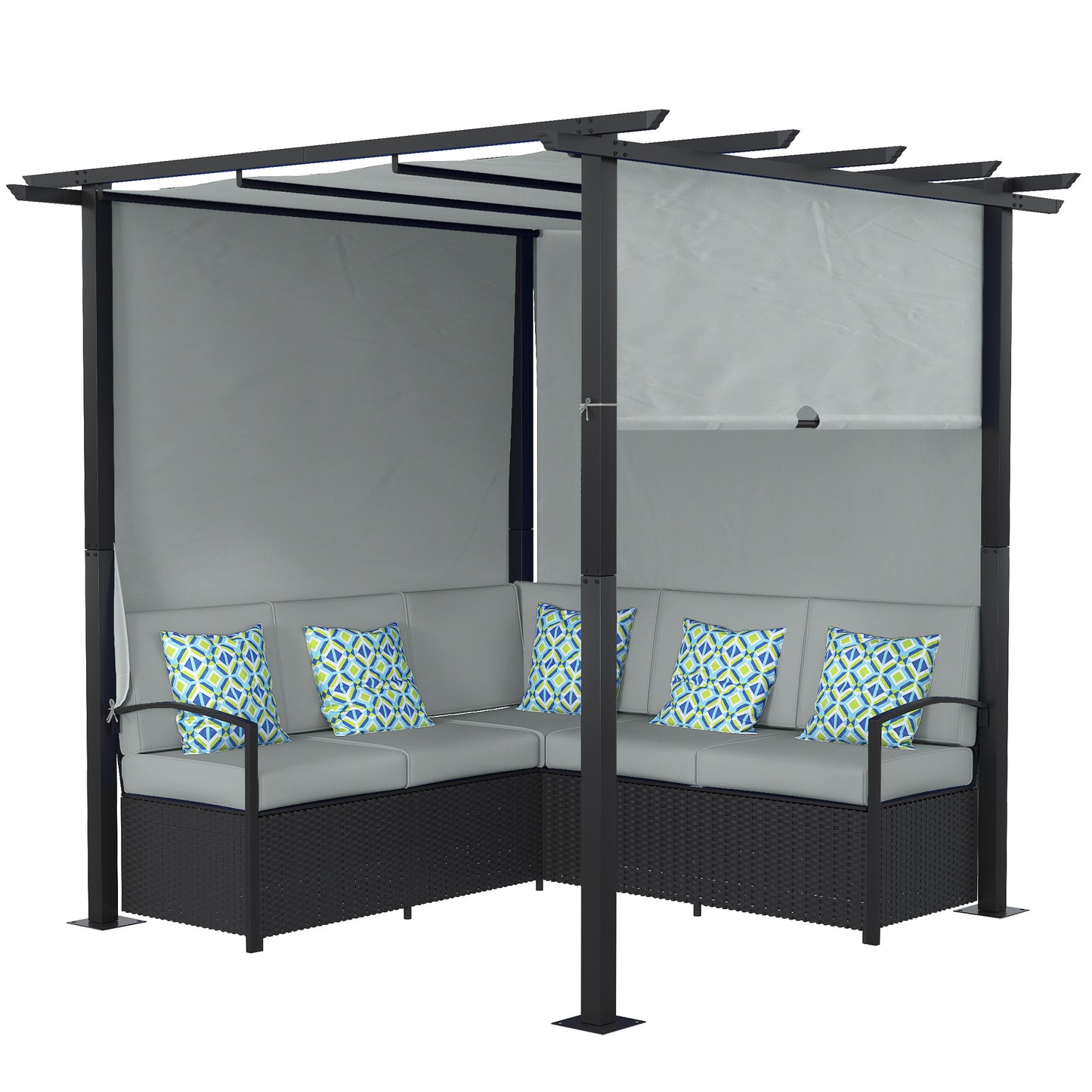 Outsunny Wicker Patio Furniture, Outdoor PE Rattan Sofa Set with Retractable Canopy Pergola, Shade Shelter for Deck, Pool, Garden, Terrace, Blue