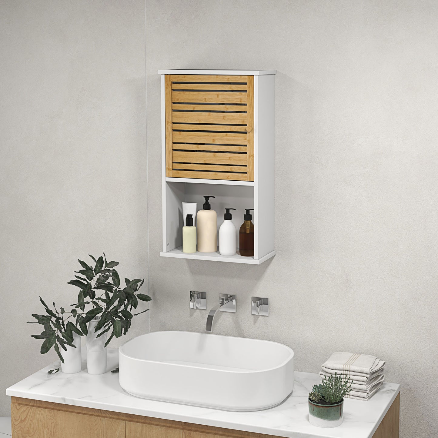 HOMCOM Wall Mounted Bathroom Cabinet with Storage, Bathroom Wall Cabinet with Bamboo Slat Door and Adjustable Shelf, White