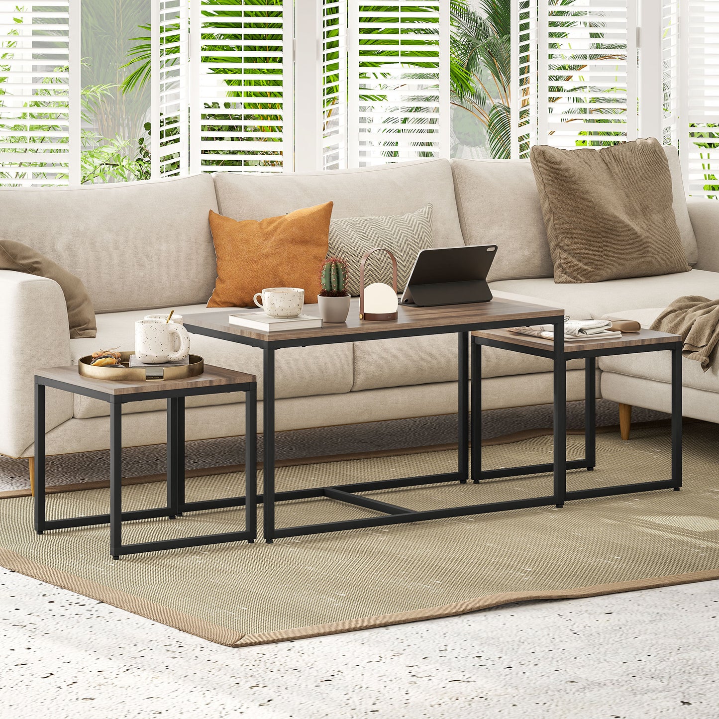 HOMCOM Nesting Coffee Table Set of 3, Modern End Tables with Black Metal Frame for Living Room Home Furniture, Natural