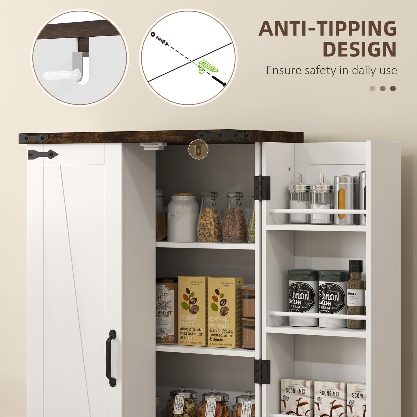 HOMCOM Farmhouse Kitchen Pantry Storage Cabinet, Kitchen Pantry Cabinet with Doors and Adjustable Shelves, White