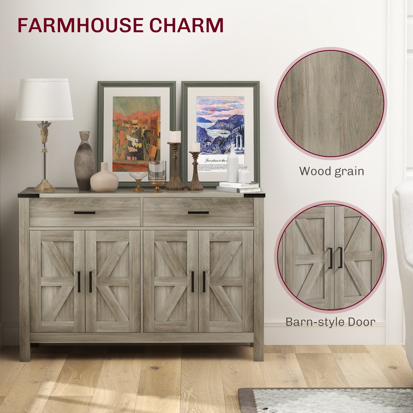 HOMCOM Farmhouse Buffet Cabinet Sideboard with 1 Drawer, 1 Storage Cabinet and Adjustable Shelf, White