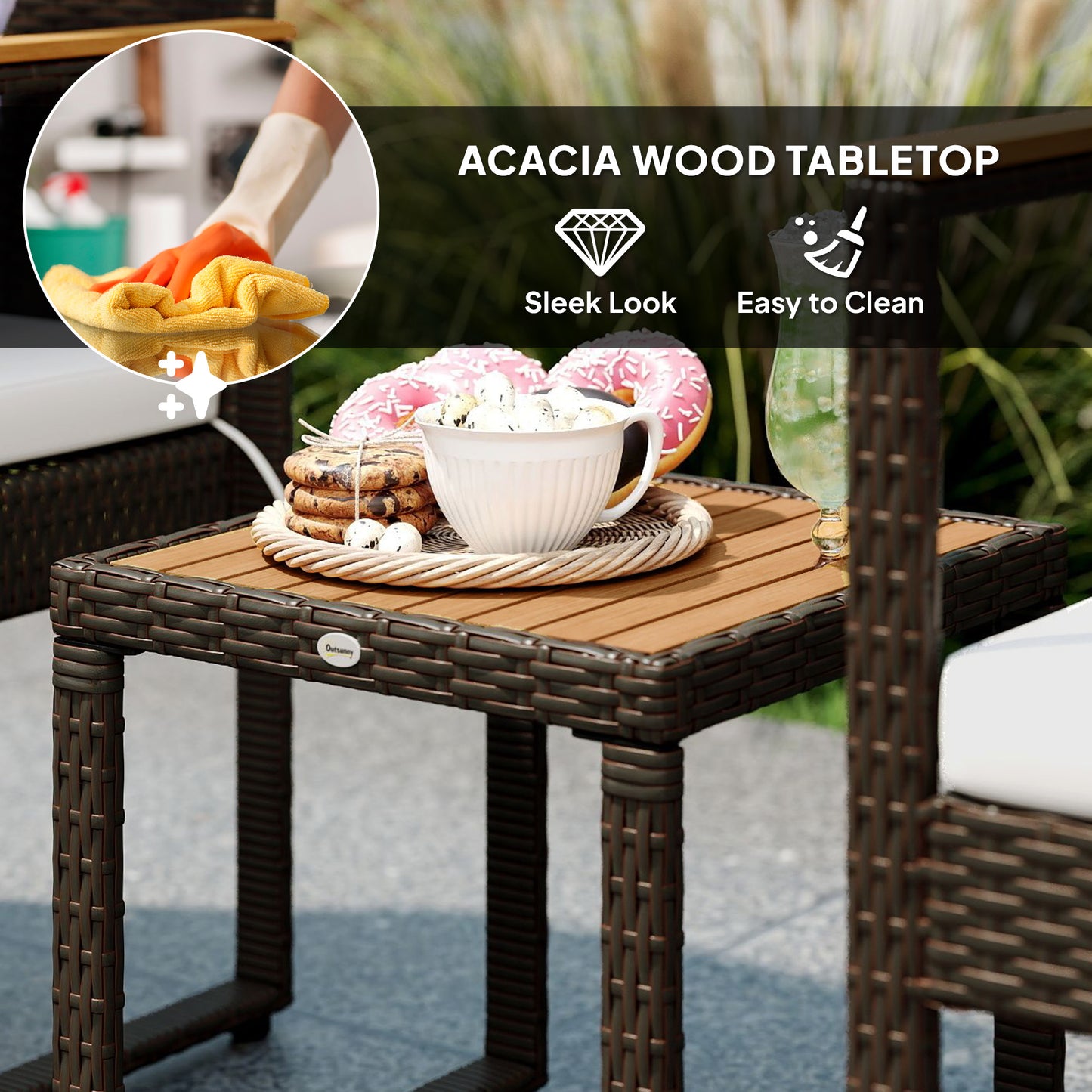 Outsunny 3 Pieces Wicker Patio Furniture Set, Rattan Bistro Set w/ Acacia Wood Table & Removable Cushions, Dark Blue