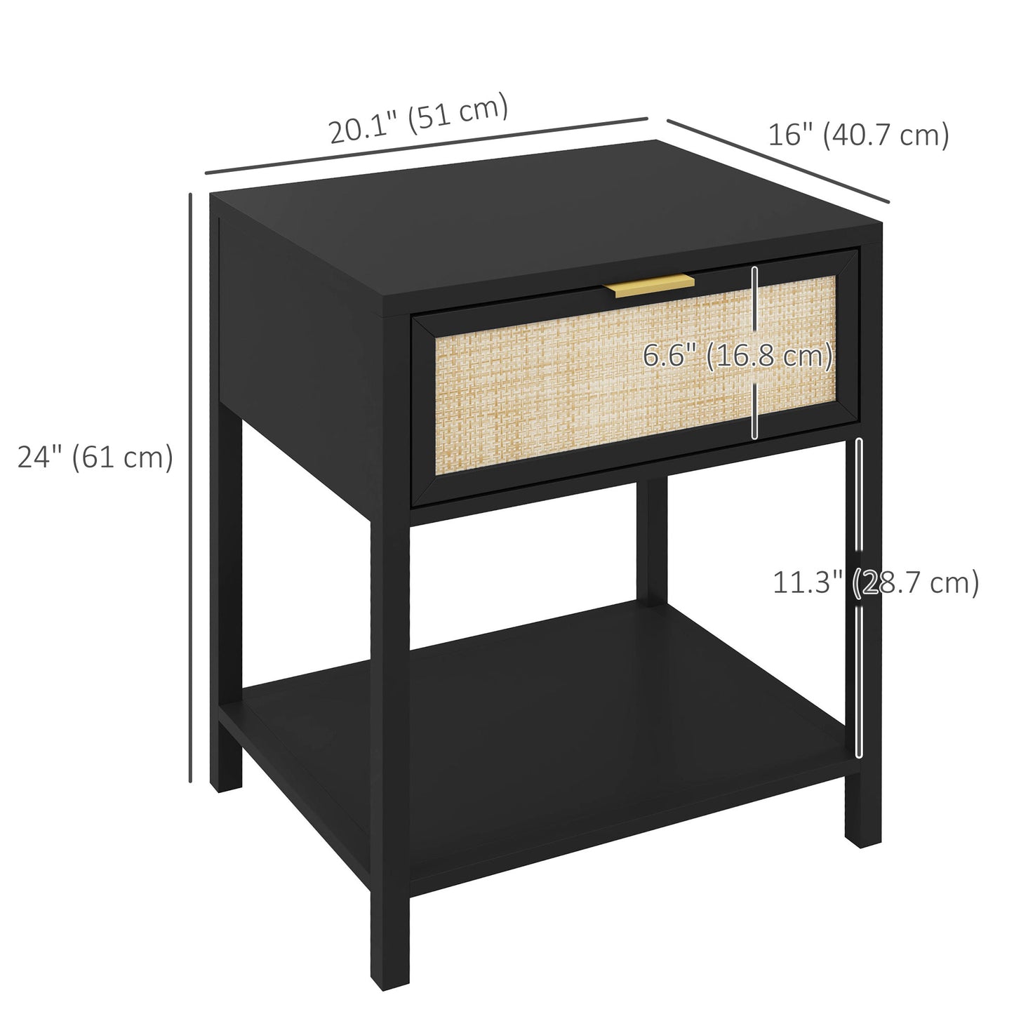 HOMCOM Boho Nightstand, Bedside Table with Rattan Drawer and Open Shelf, Side End Table for Bedroom, Living Room
