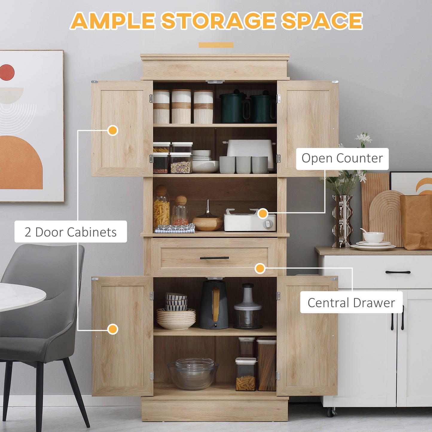 HOMCOM Modern Freestanding Kitchen Pantry Cabinet Cupboard with Doors Open Shelves Adjustable Shelving Microwave Space, White