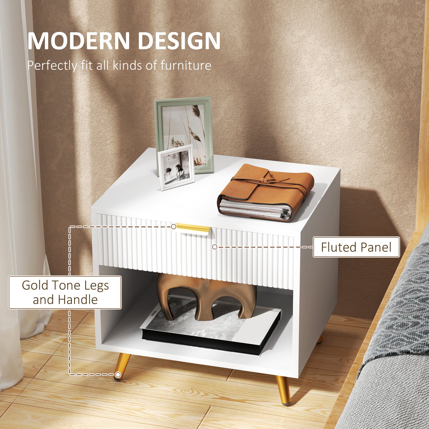 HOMCOM Nightstand with Fluted Panel, Bedside Table with Drawer and Open Compartment, Modern Night Table for Bedroom, Black