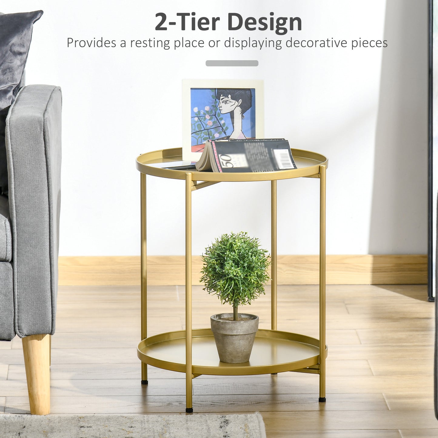 HOMCOM 2-Tier Gold Side Table, Round Nightstand with Removable Trays Folding Metal Frame Adjustable Foot End Table for Living Room Bedroom