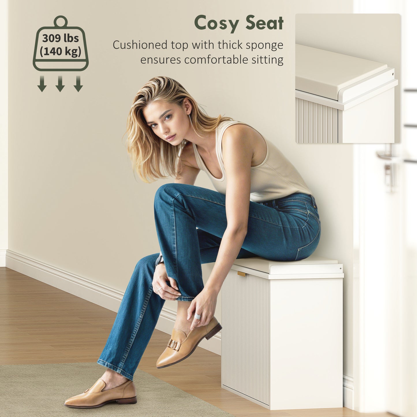 HOMCOM Entryway Bench with Padded Seat and Flip-Drawers, Holds up to 265lbs, Shoe Storage Bench for 6 Pairs of Shoes, White