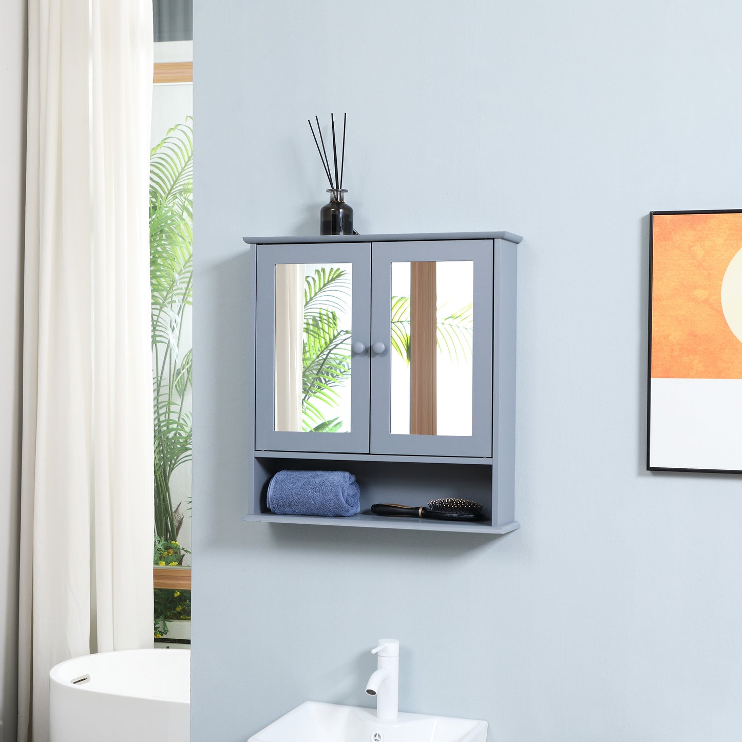 kleankin Medicine Cabinet, Wall-Mounted Bathroom Mirror Cabinet with Double Doors, Open Shelf, and Adjustable Shelf, Modern Bathroom Wall Cabinet, White
