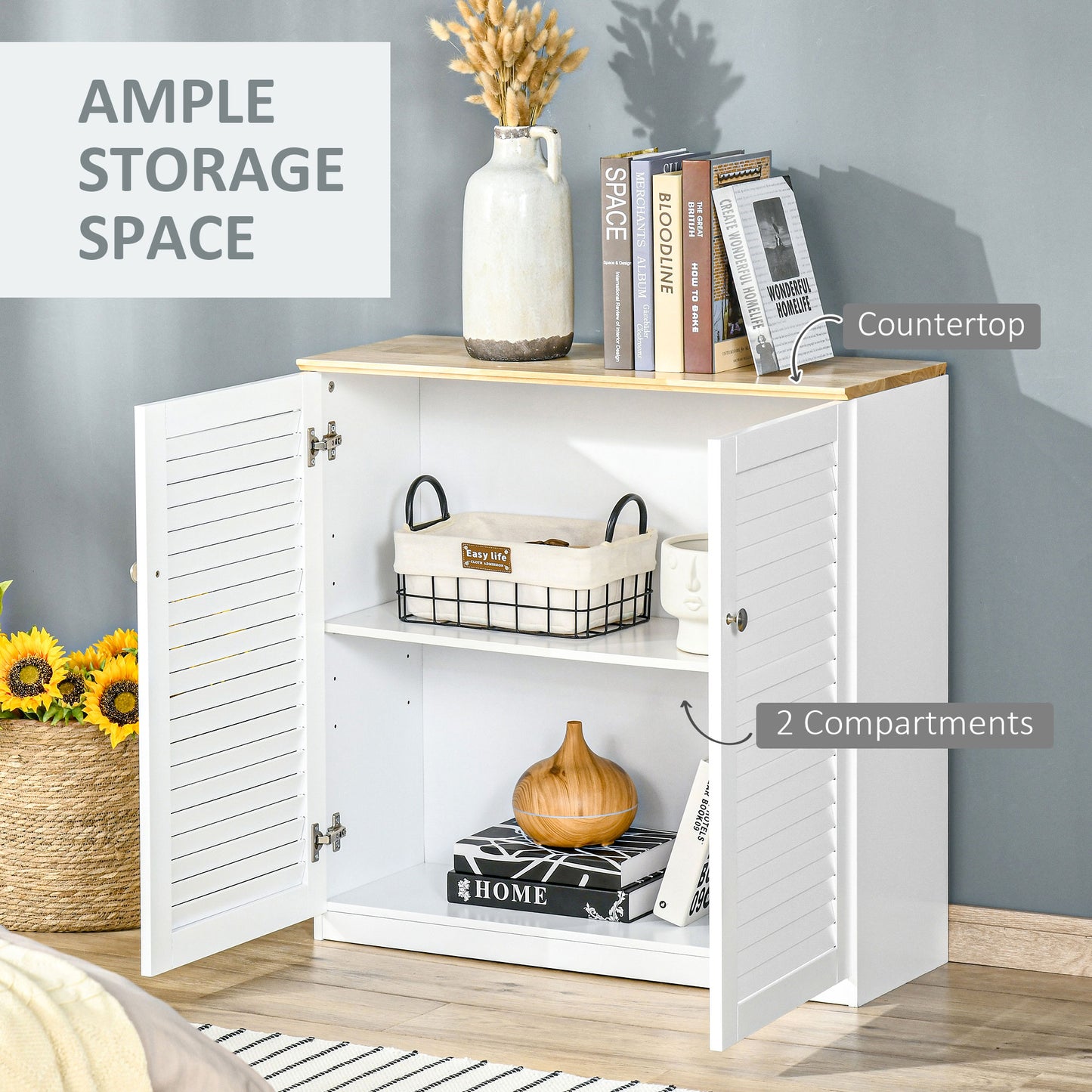HOMCOM Storage Cabinet Kitchen Sideboard with Louvered Doors, Freestanding Bathroom Cabinet, White