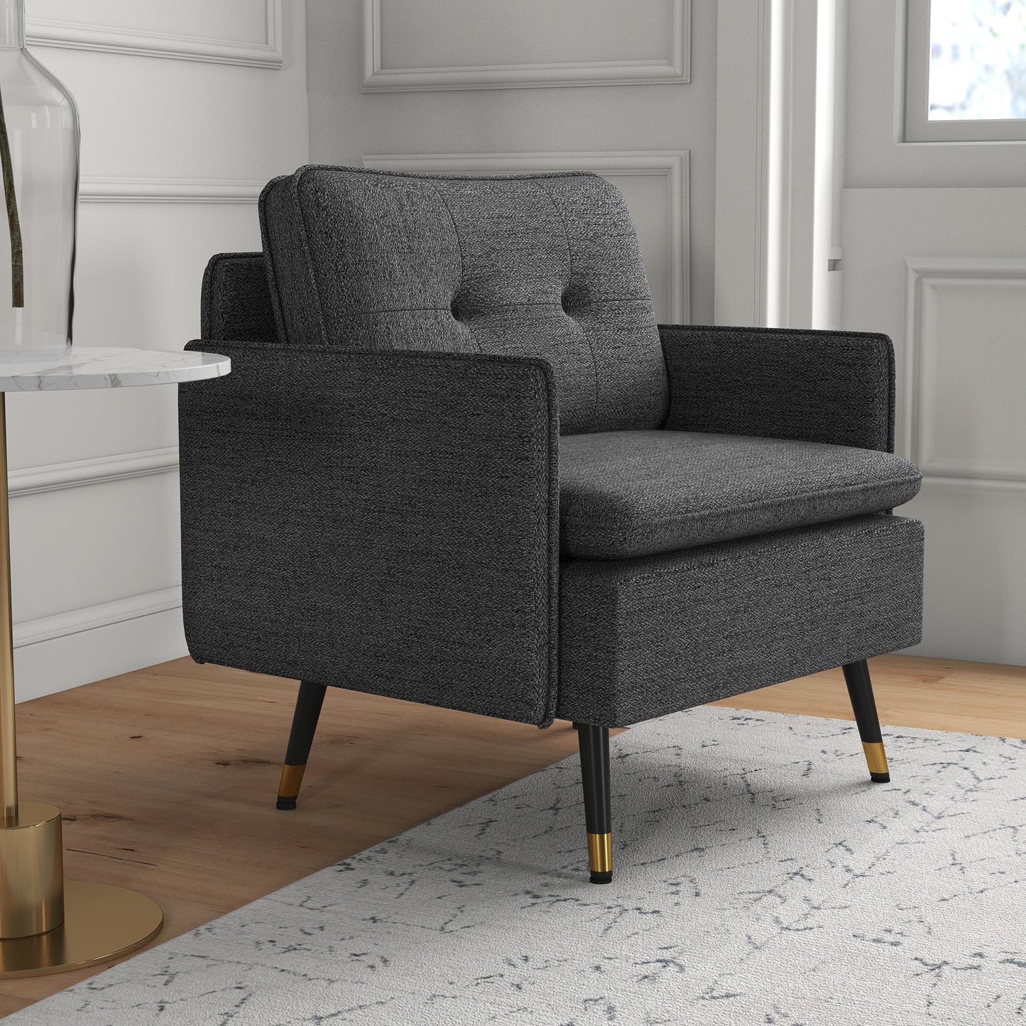 HOMCOM Modern Armchair, Upholstered Accent Chair with Tufted Back Cushion and Steel Legs for Living Room, Bedroom, Grey
