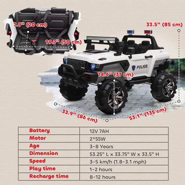 Aosom Kids 2 Seater Ride-On Car Police Truck Electric with LED Lights & MP3 for Kids White