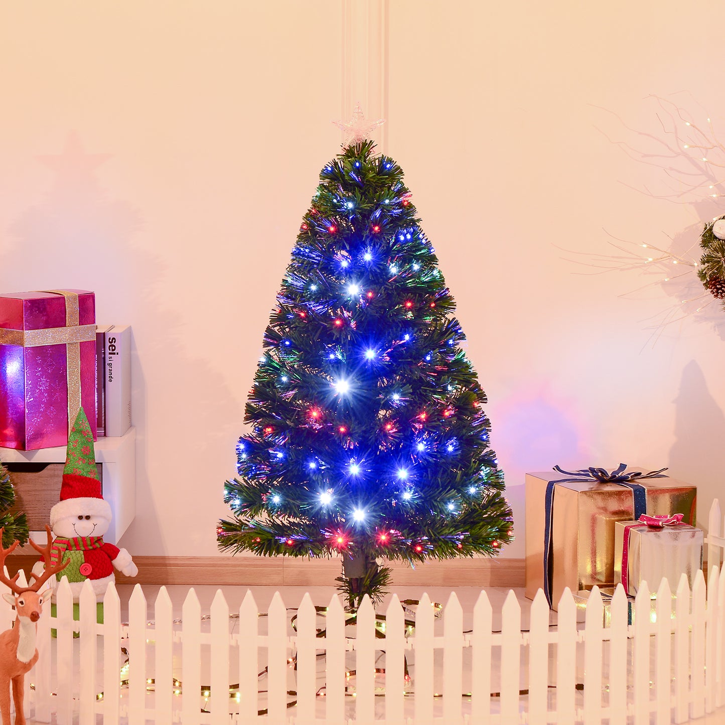 HOMCOM 4ft Prelit Artificial Optical Xmas Tree Spruce Hinged Full Tree