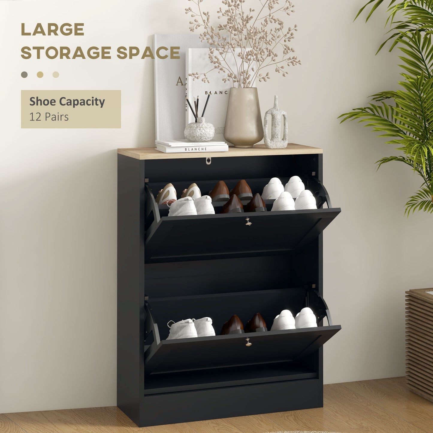 HOMCOM Slim Shoe Storage Cabinet, Modern Shoe Cabinet with 2 Flip Drawers and Adjustable Shelves for 12 Pairs, Black