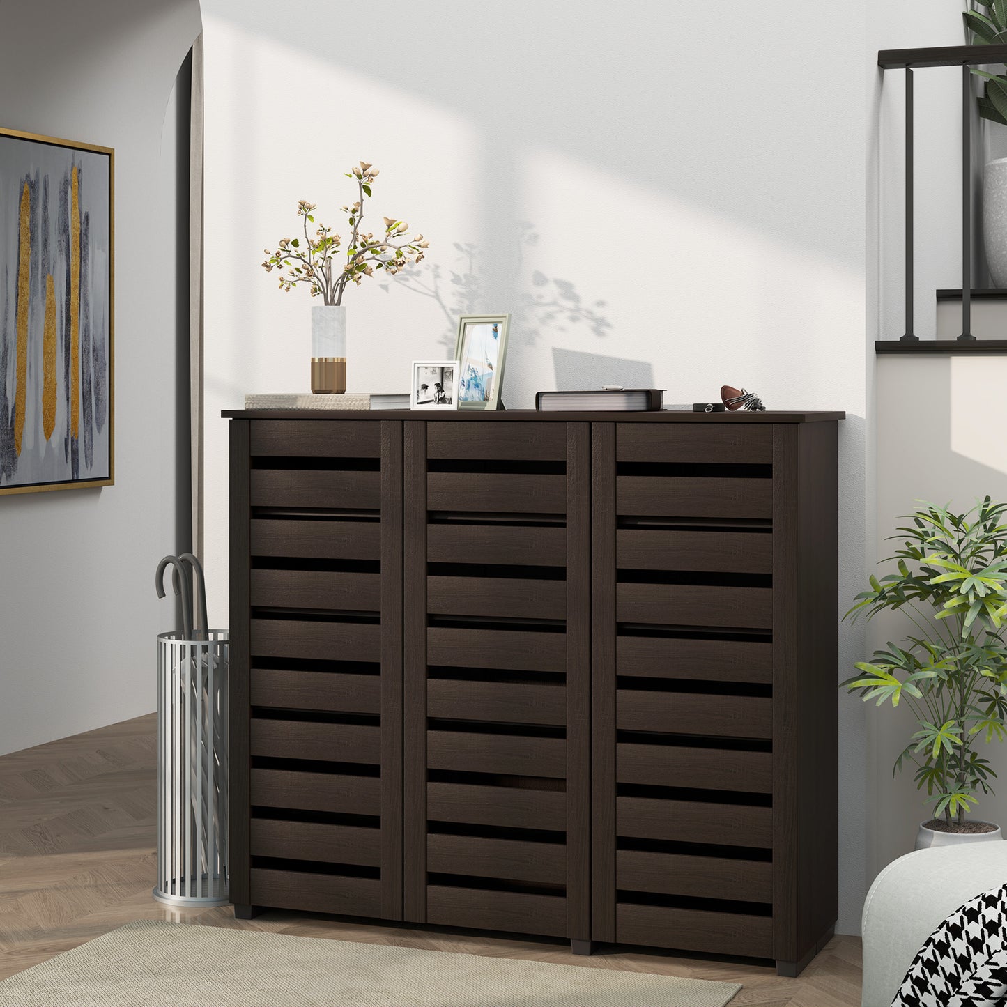 HOMCOM Narrow Shoe Cabinet with Slatted Doors, Adjustable Shelves for 20 Pairs of Shoes, Shoe Cabinet for Entryway, Dark Brown