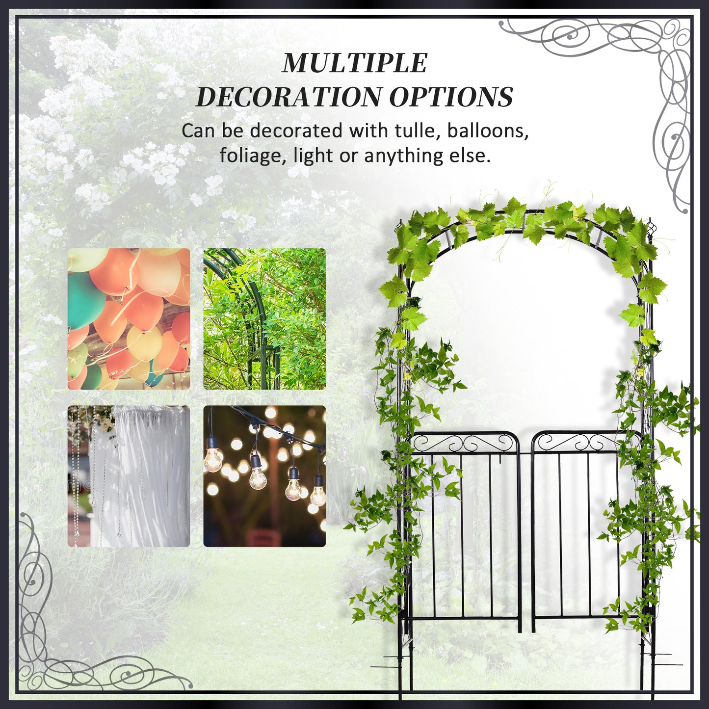 Outsunny 7.2FT Metal Garden Arbor Arch with Double Doors, 2 Side Planter Baskets, Climbing Vine Frame, Black