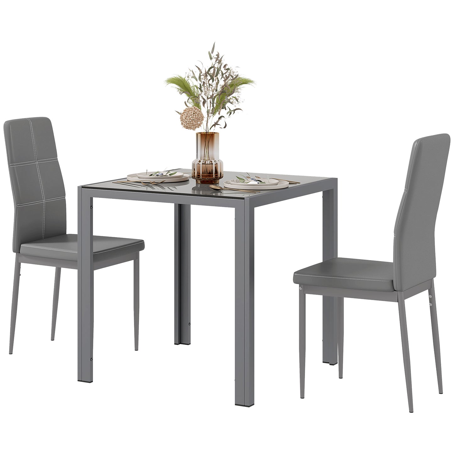 HOMCOM 5-Piece Rectangular Glass Kitchen Table and Chairs with Metal Frame and Faux Leather Upholstery for Dining Room, White