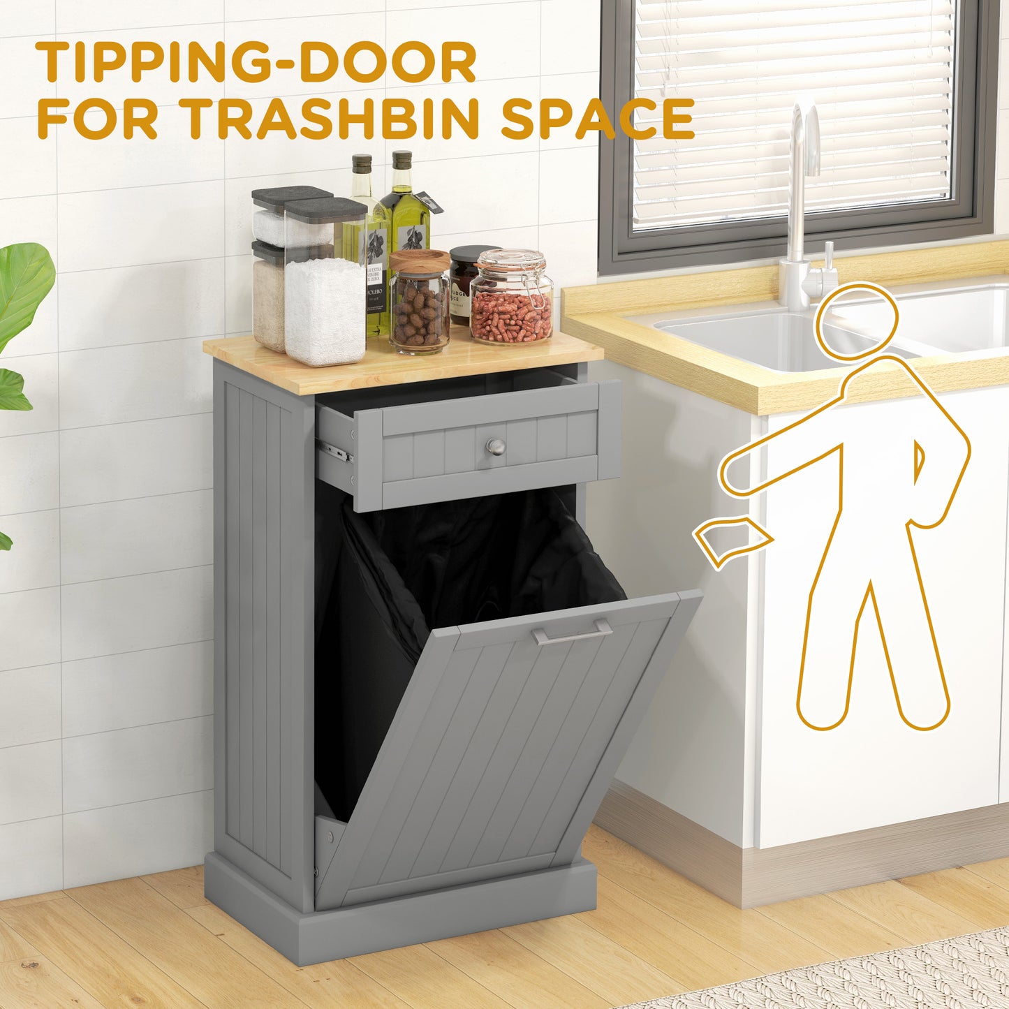 HOMCOM Kitchen Tilt Out Trash Bin Cabinet, Free Standing Recycling Cabinet, Trash Can Holder with Drawer, White