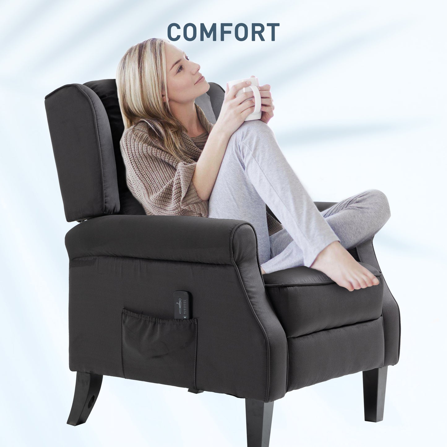HOMCOM Massage Recliner Chair for Living Room, Push Back Recliner Sofa, Suede Wingback Reclining Chair with Extendable Footrest, Wood Legs, Remote Control, Side Pockets, Black