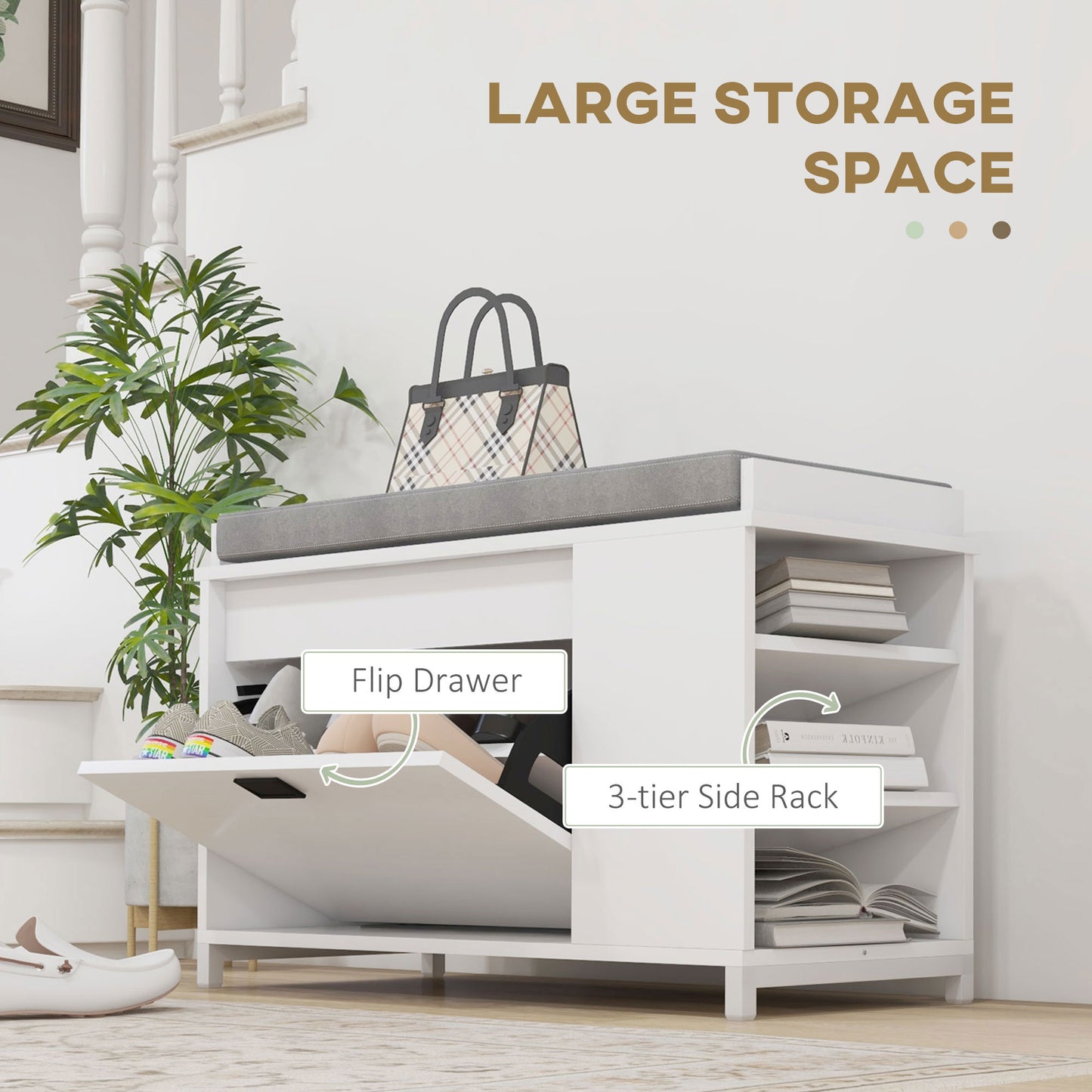 HOMCOM Shoe Storage with Seat, Upholstered Hallway Bench, Shoe Bench with Flip Drawer and Side Rack for 6 Pairs of Shoes