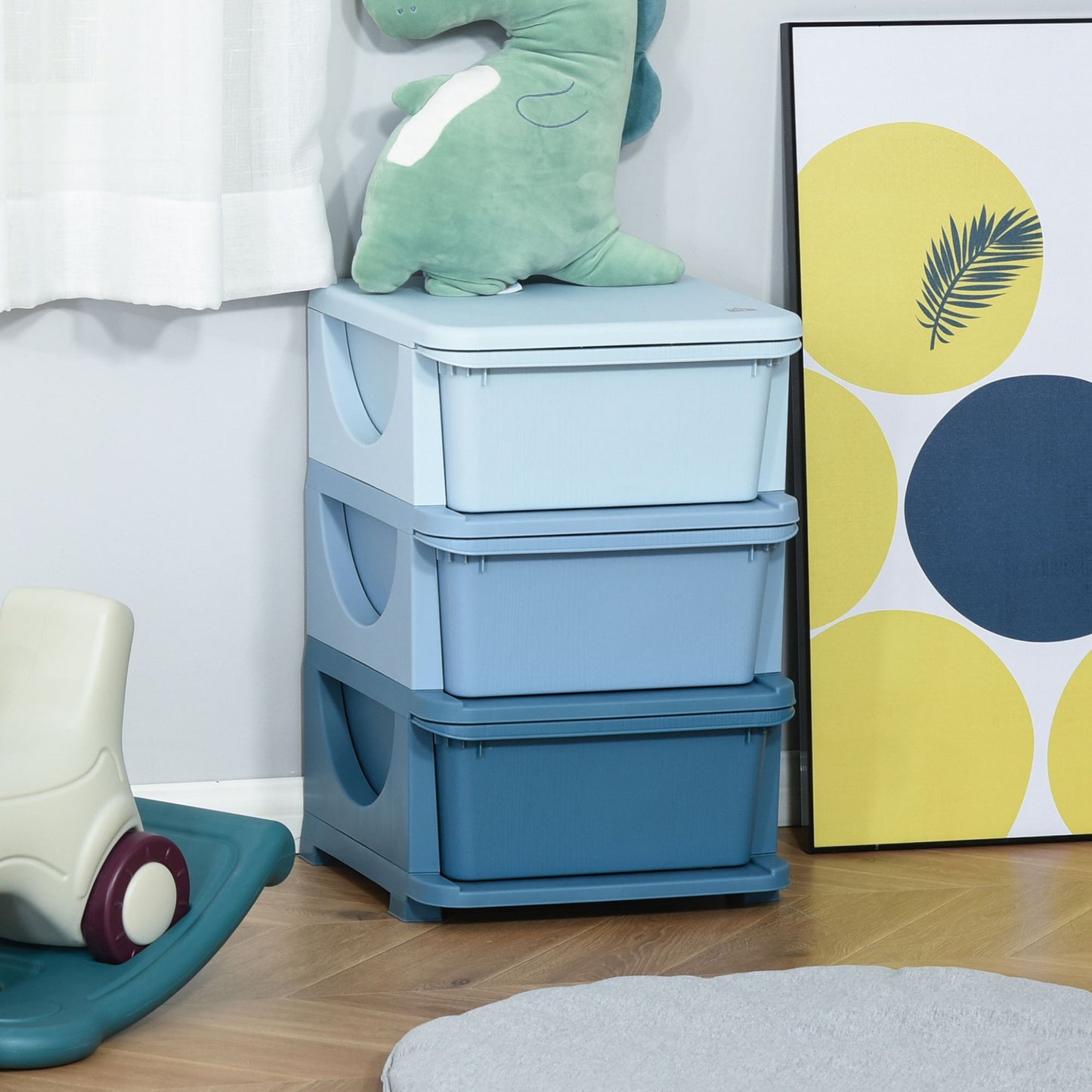 Qaba 3 Tier Kids Toy Organizer and Storage Bins with 3 Plastic Drawers, Blue