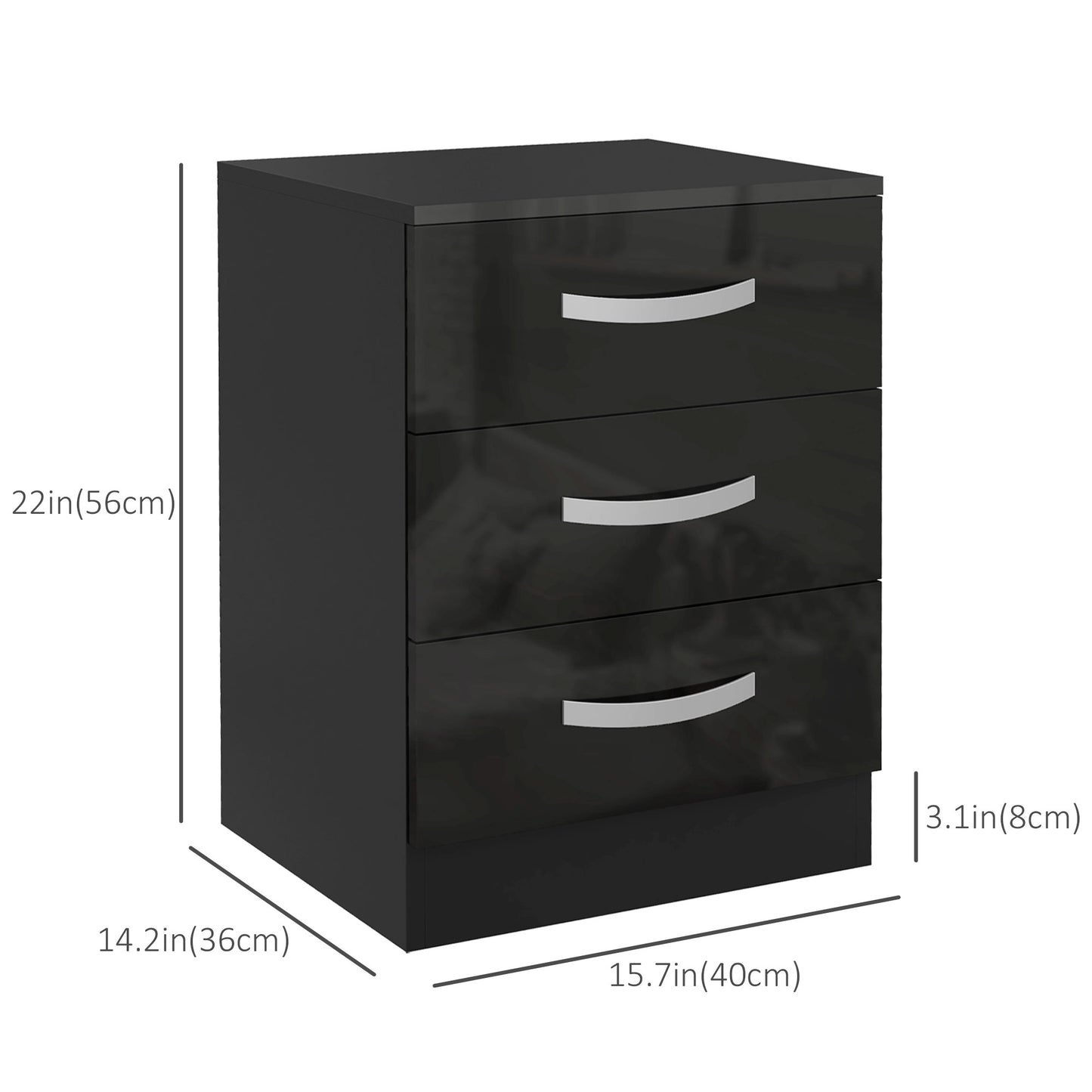 HOMCOM Modern Nightstand Set of 2, Bedside Tables with 3 High Gloss Drawers for Bedroom, White