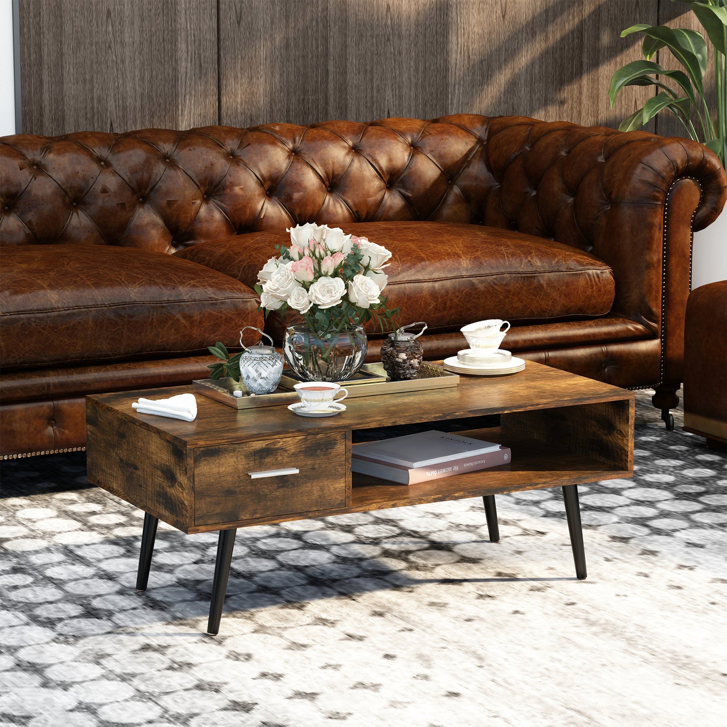 HOMCOM Retro Coffee Table with Storage Shelf and Drawer for Living Room, Vintage Wooden Sofa Side Table, Rustic Brown