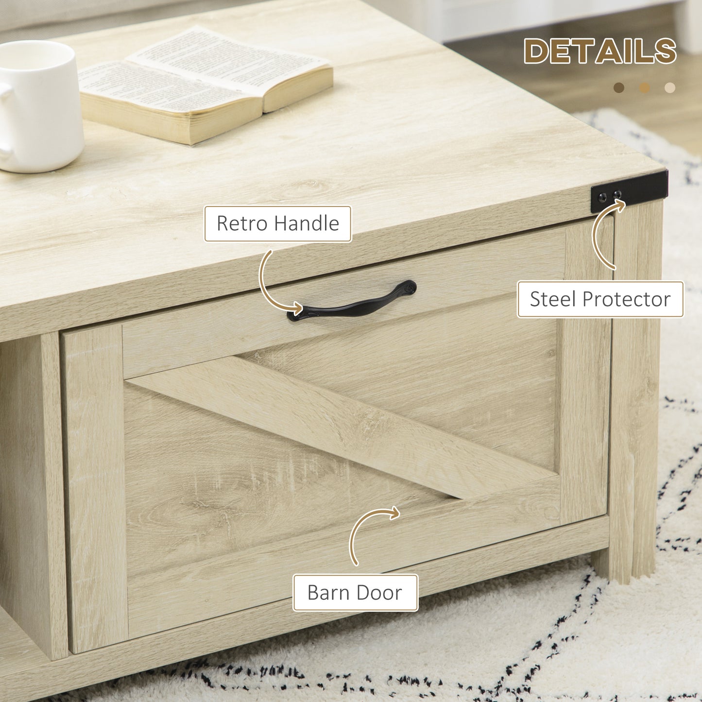 HOMCOM Industrial Coffee Table Side End Table with Drawer, Open Storage Shelf, Modern Farmhouse Furniture, for Living Room, Dining Room, Office, White Oak