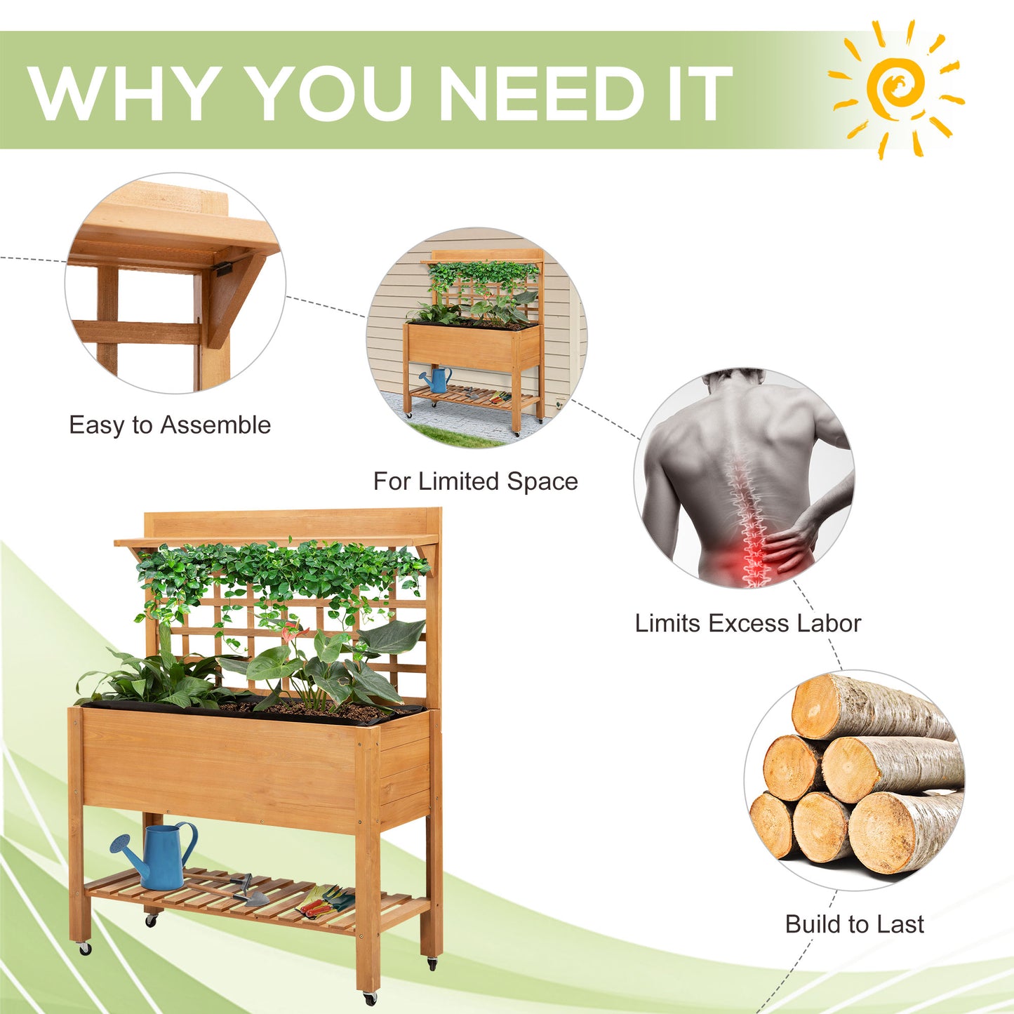 Outsunny 41.25"x15.75"x53.25" Wooden Planter Raised Elevated Garden Bed Planter Flower Herb Boxes for Vegetables Flower with Shelf and Wheels Solid Wood Outdoor/Indoor