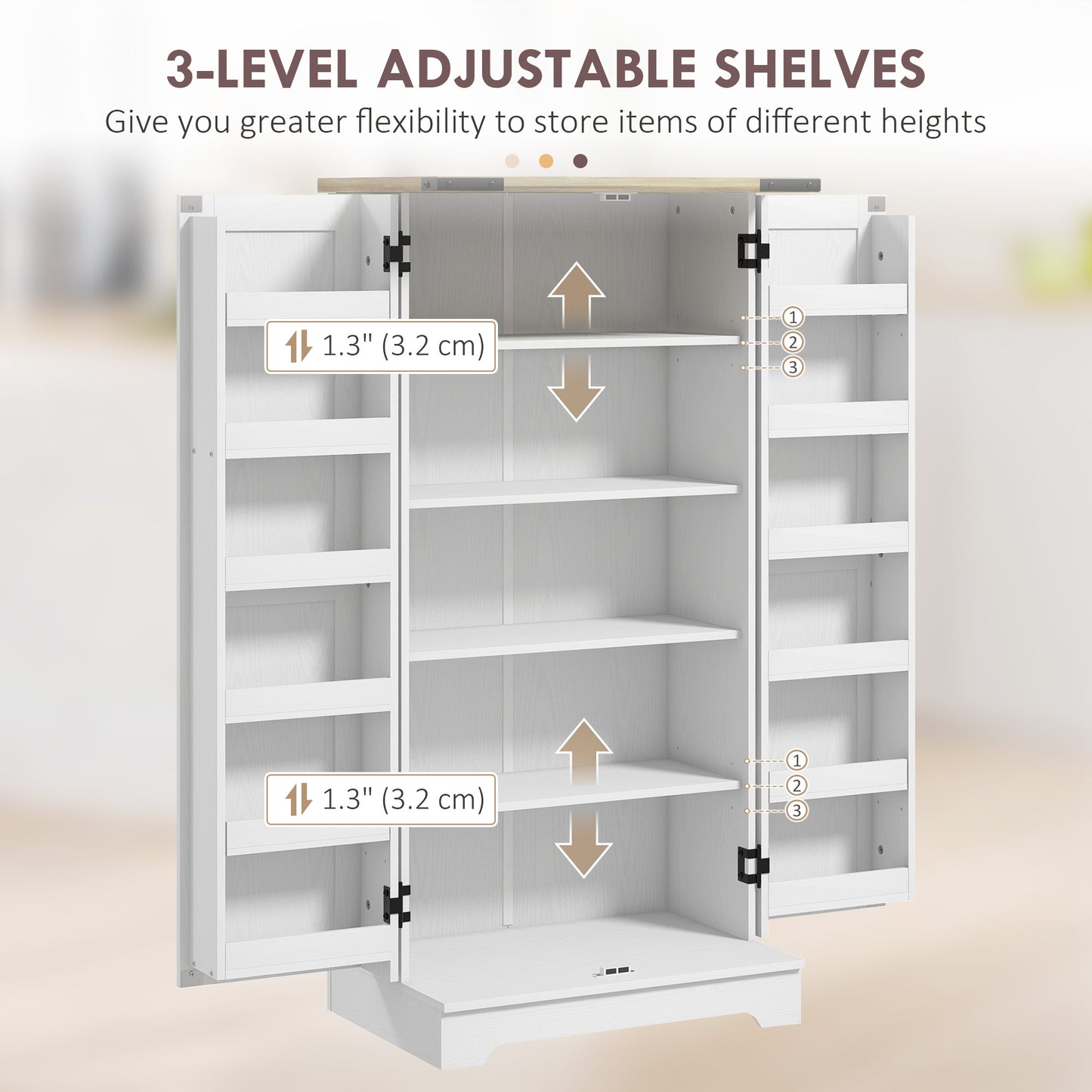 HOMCOM Farmhouse Kitchen Pantry Storage Cabinet, Kitchen Pantry Cabinet with Doors and Adjustable Shelves, Cream White