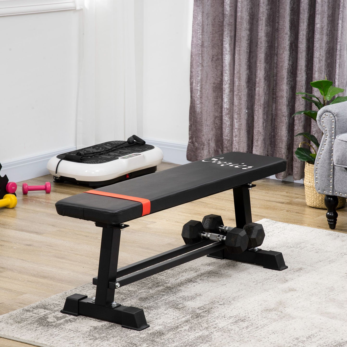 Soozier Flat Weight Bench with Dumbbell Rack, Padded Seat and Anti-slip Foot Pads for Home Gym Workout