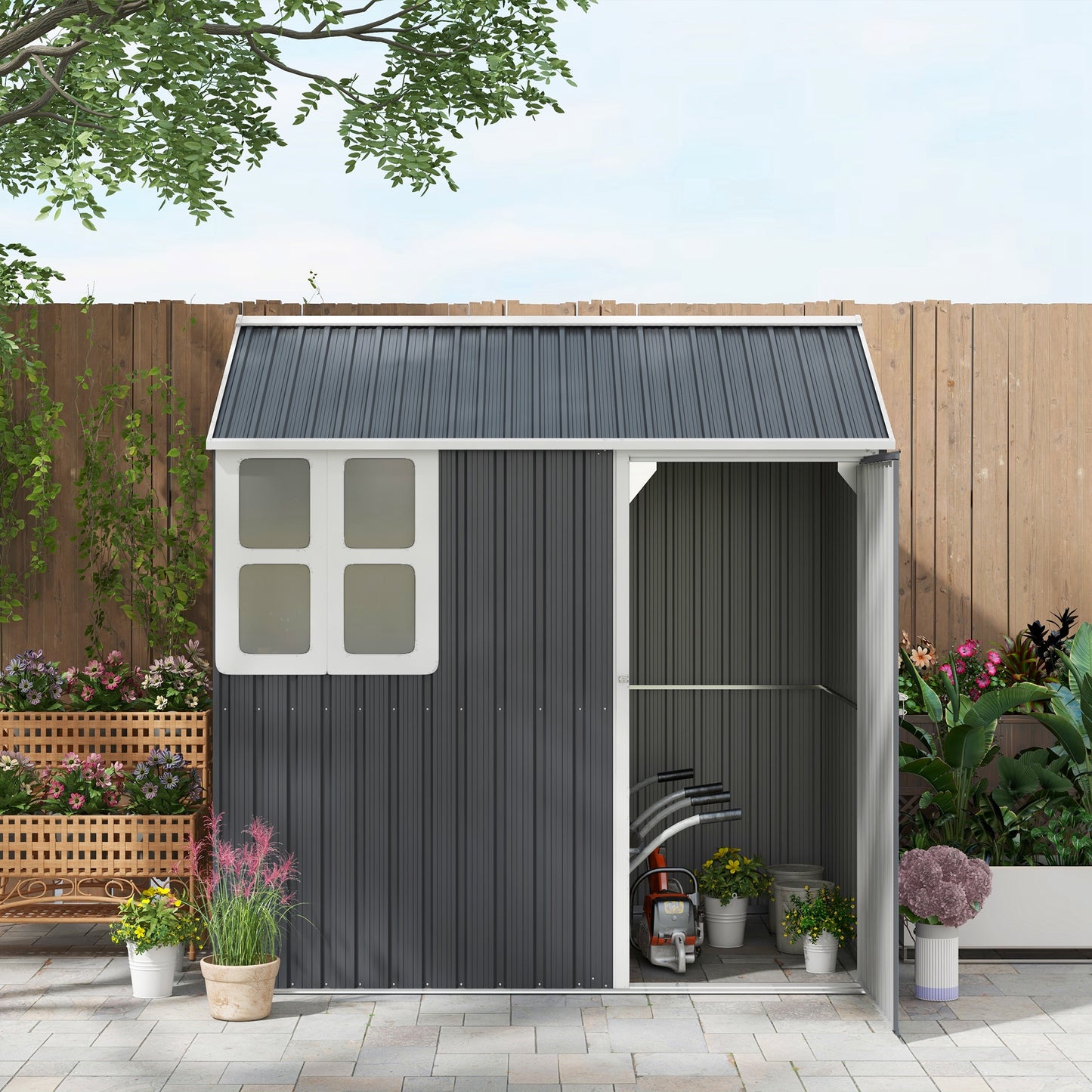 Outsunny 8.5' x 5.5' Metal Garden Storage Shed, Outdoor Tool Storage House with Lockable Door, Vents, Sloped Roof, Light Grey