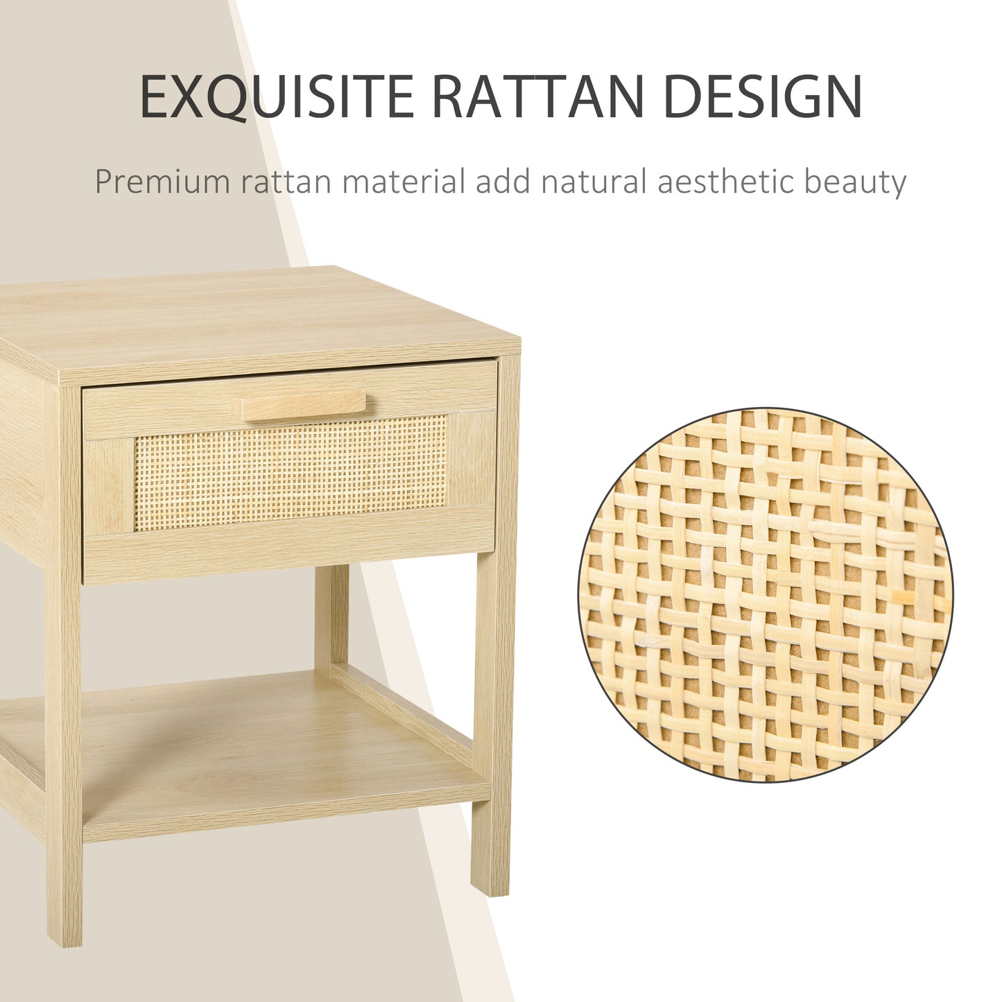 HOMCOM Narrow Nightstand with Rattan Elements, Bedside Table with Drawer and Storage Shelf for Bedroom, Natural