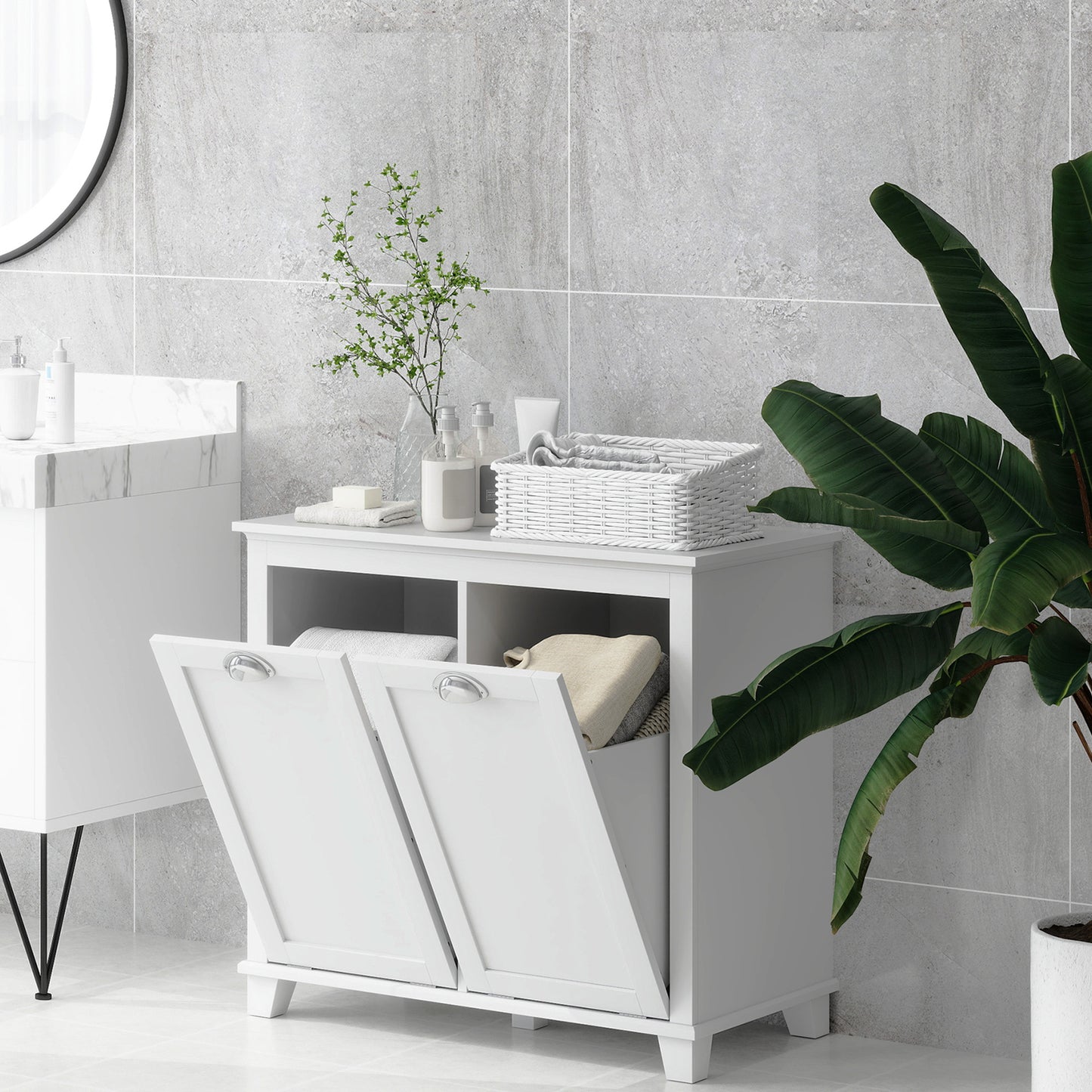 HOMCOM Tilt-Out Laundry Storage Cabinet, Bathroom Storage Organizer with Two-Compartment Tilt Out Hamper, White
