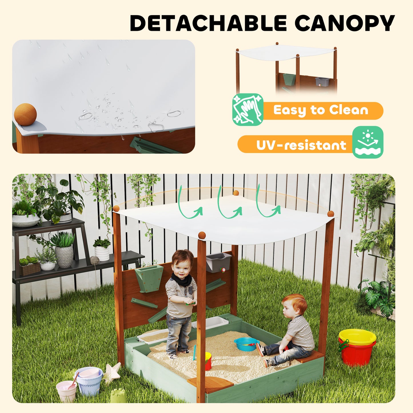 Qaba Kids Sandbox with Full Covered Canopy, Bench Seats, Bottom Liner, for Ages 3-6, 56" x 40" x 52", Brown