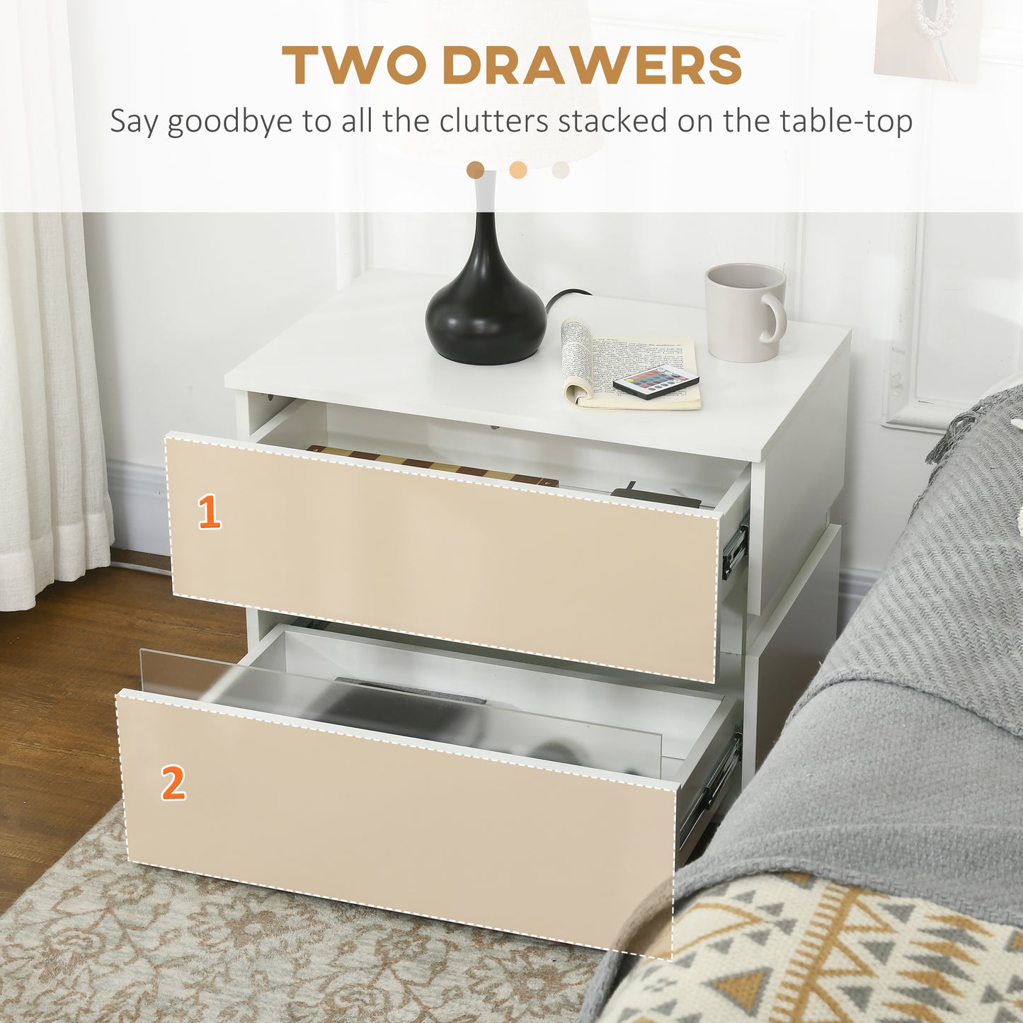 HOMCOM Modern Nightstand, Bedside Table with 2 Drawers, USB Powered RGB LED Lights, Remote for Bedroom, White
