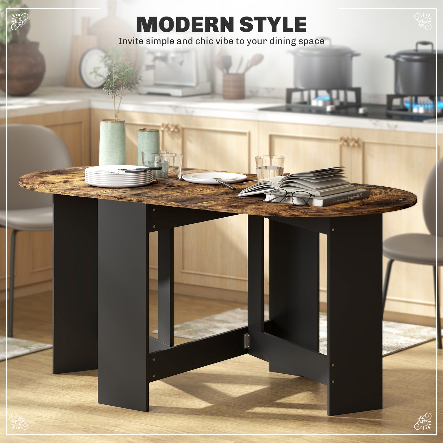HOMCOM Oval Folding Dining Table, Space Saving Drop Leaf Kitchen Table for Dining Room, Living Room, Distressed Brown