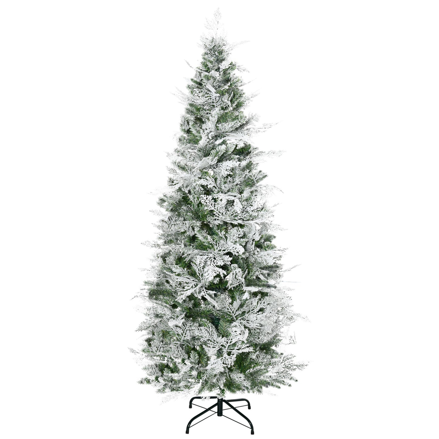 HOMCOM 7.5 Feet Pencil Snow Flocked Artificial Christmas Tree with 880 Realistic Cypress Branches, Auto Open, Green