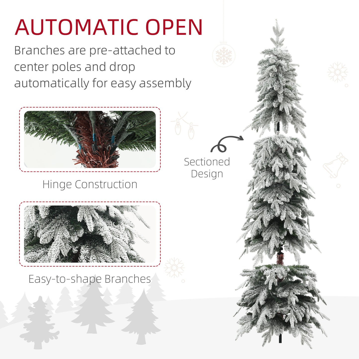 HOMCOM 6ft Pencil Flocked Artificial Christmas Tree with 600 Branch Tips, Auto Open and Steel Base, Green