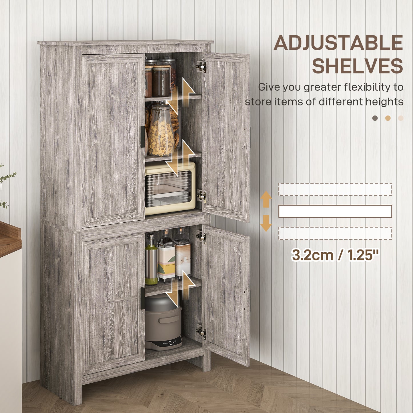 HOMCOM 64" Kitchen Pantry Cabinet, Freestanding Storage Cabinet with 4 Doors, 3 Adjustable Shelves, Antique White
