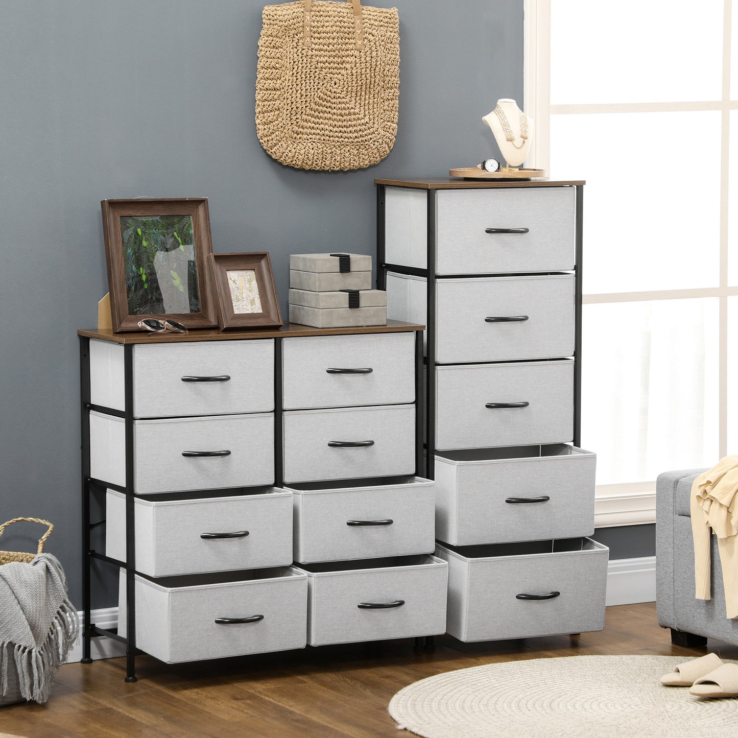 HOMCOM 6 Drawer Dresser for Bedroom, Fabric Chest of Drawers with Steel Frame, Wood Grain Top and Handles, Grey