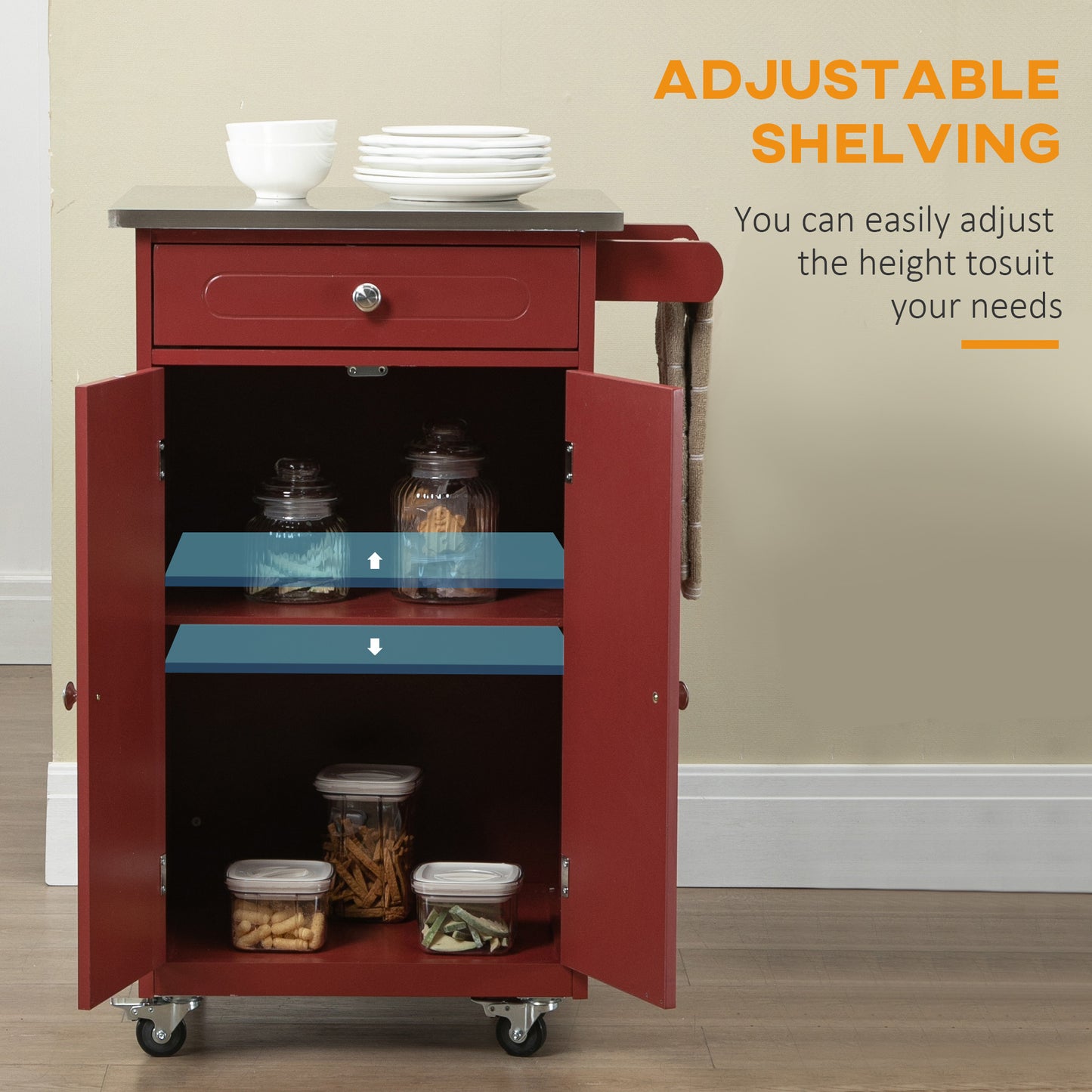 HOMCOM Kitchen Cart, Small Kitchen Island, Stainless Steel Top Utility Trolley on Wheels with Storage Drawer for Dining Room, Kitchen (White)