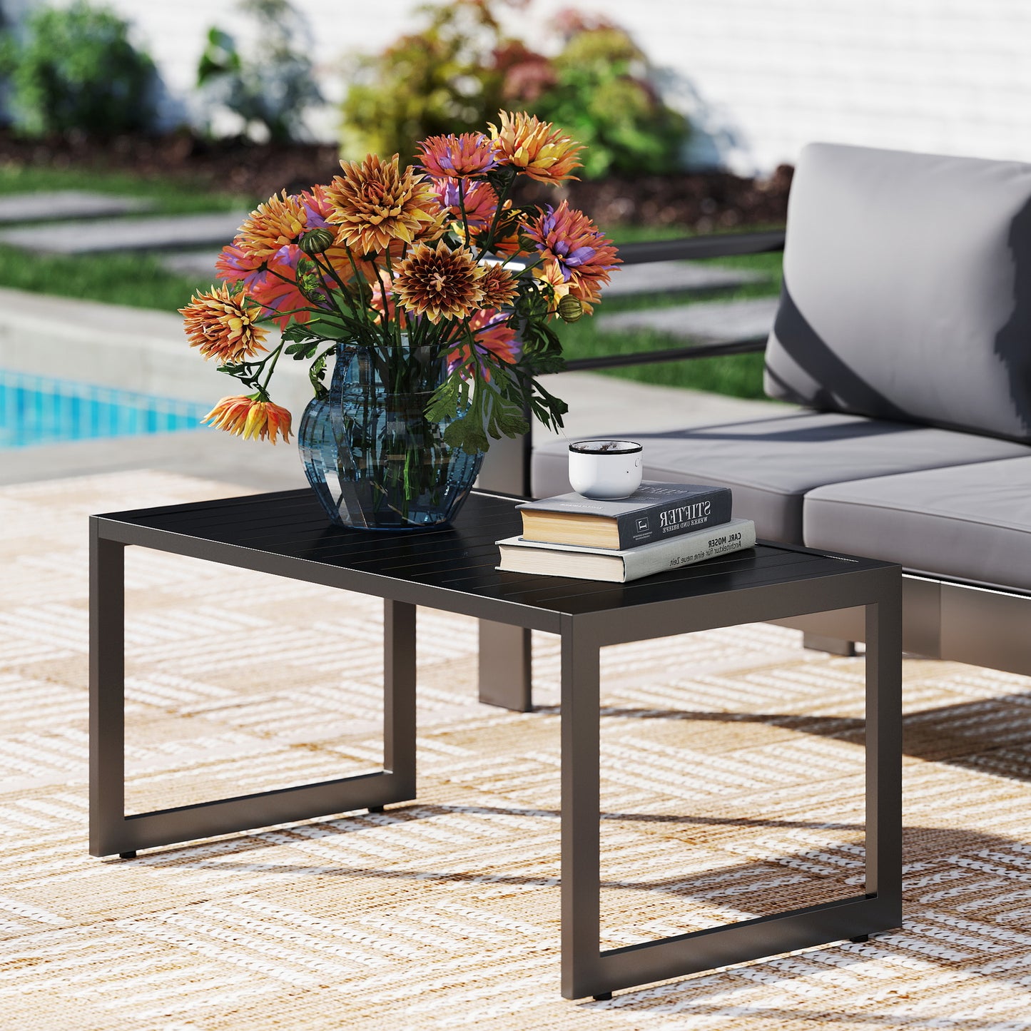 Outsunny Outdoor Coffee Table, Patio Coffee Table with Slatted Tabletop, Adjustable Foot Pads for Garden, Patio, Lawn, Black
