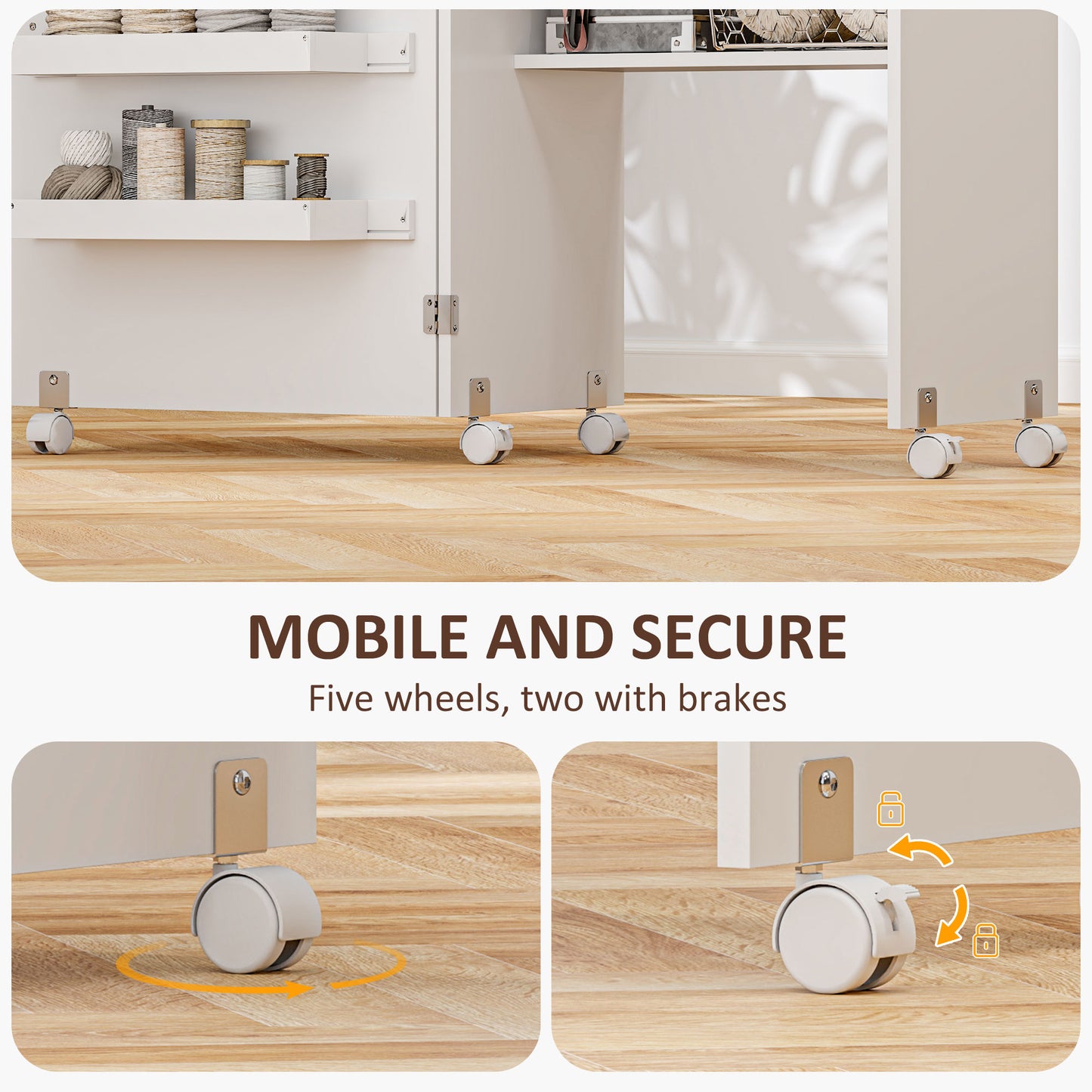 HOMCOM Sewing Machine Cabinet, Folding Sewing Table with Storage Shelf, Bins and Lockable Wheels for Small Space, White