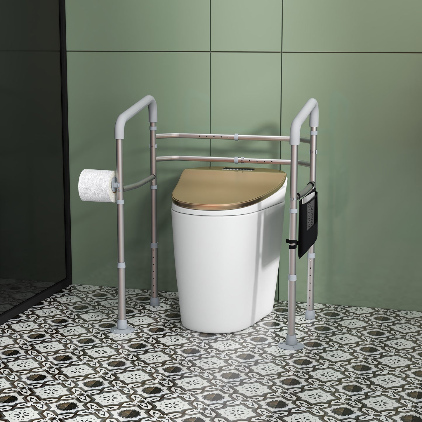 HOMCOM Stand Alone Toilet Safety Rails, Toilet Rails with Adjustable Height Width, 300lb Grab Bar with Suction Cups, Storage, Padded Handles for Elderly