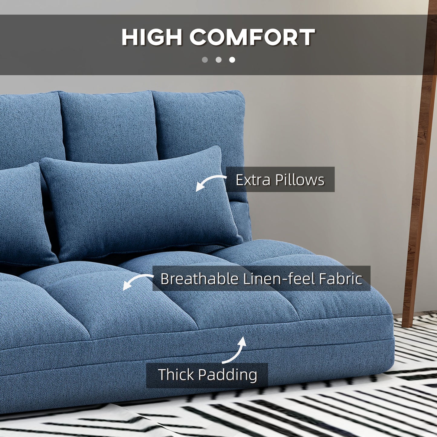 HOMCOM 51" Folding Floor Sofa, Foldable 2-Seater Lazy Sofa Sleeper Bed, Adjustable Linen Floor Couch with 9-position Backrest, 2 Pillows and Wide Seat for Living Room, Grey