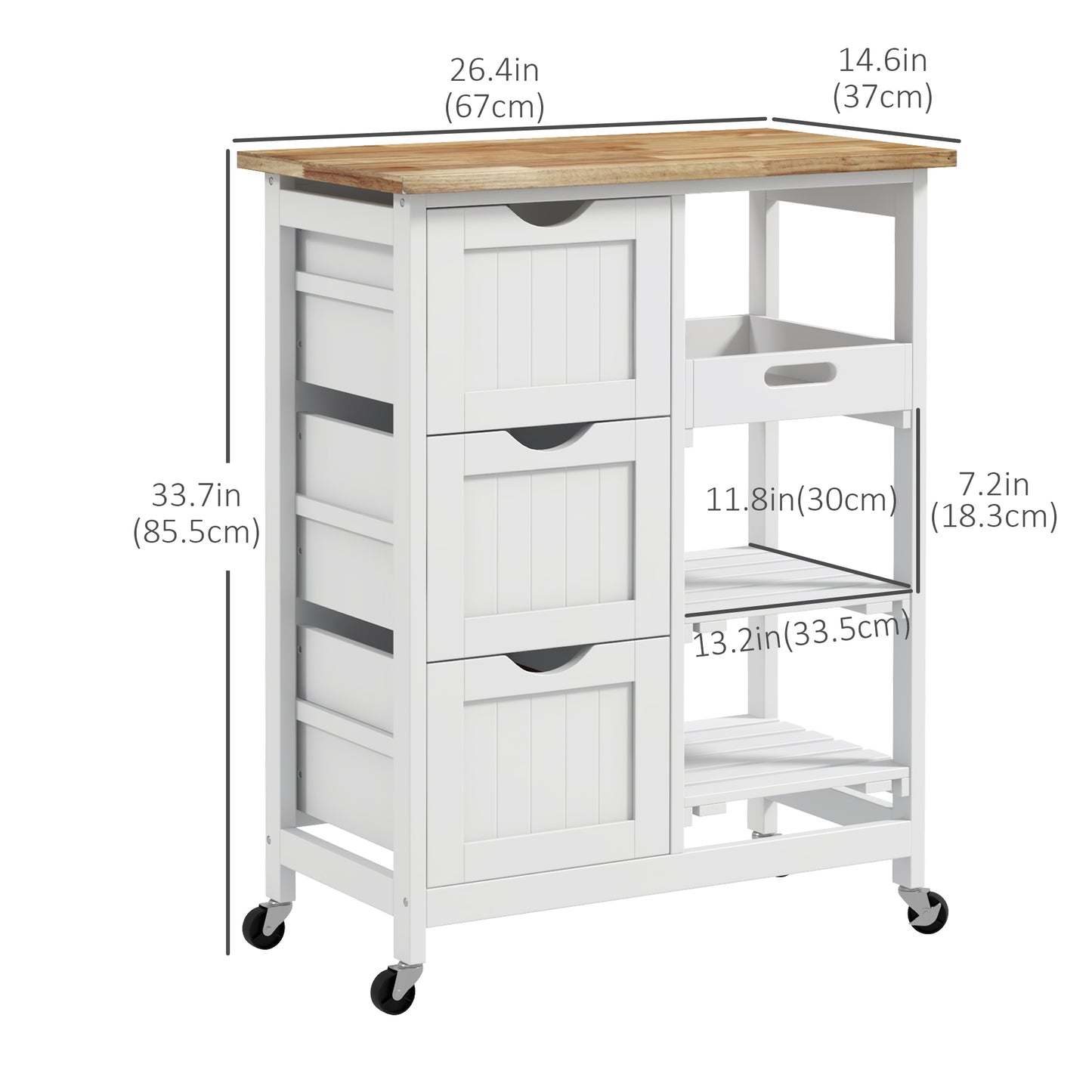HOMCOM Kitchen Cart on Wheels, Rolling Kitchen Island Cart with Wood Top, 3 Drawers and Shelves for Home Dining Area