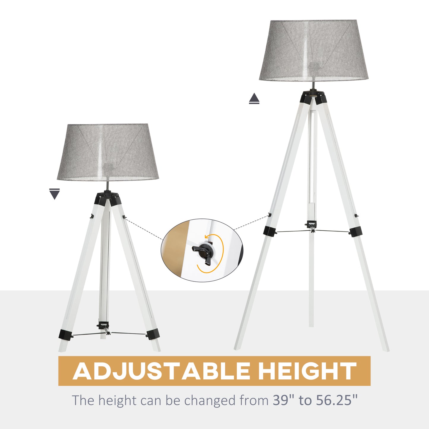 HOMCOM Tripod Floor Lamp, Adjustable Height Wooden Standing Lamp with E26 Lamp Base for Living Room, Bedroom, White and Grey